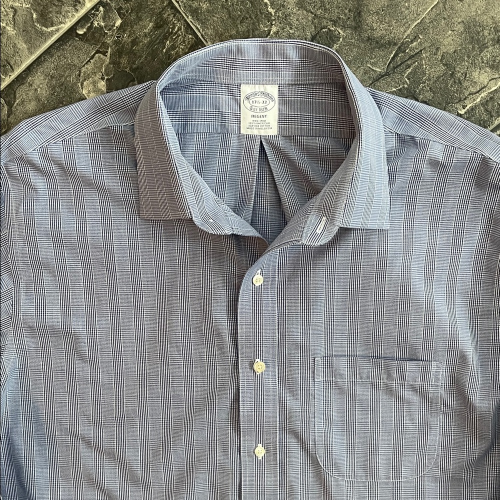 BROOKS BROTHERS Regent Navy Blue Checkered Cotton Preppy Office Dress Shirt 17.5